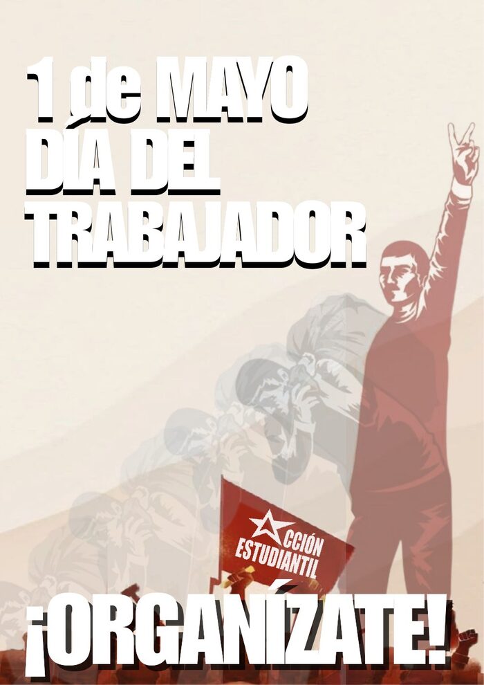 Cartel del 1 de Mayo, Día del Trabajador, con una persona levantando el puño.